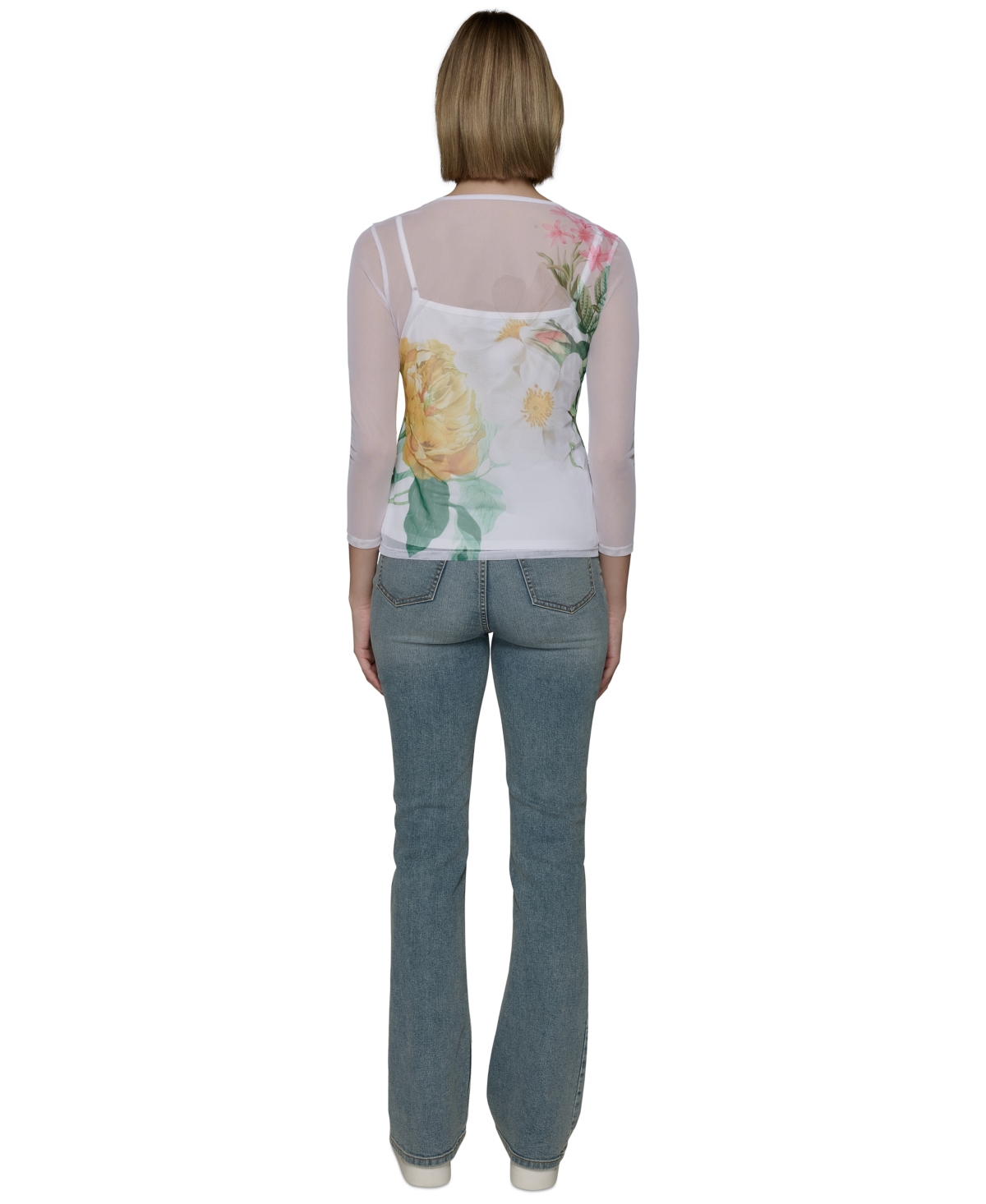 Shop Karl Lagerfeld Women's Sheer Floral 3/4-sleeve Top In Soft White