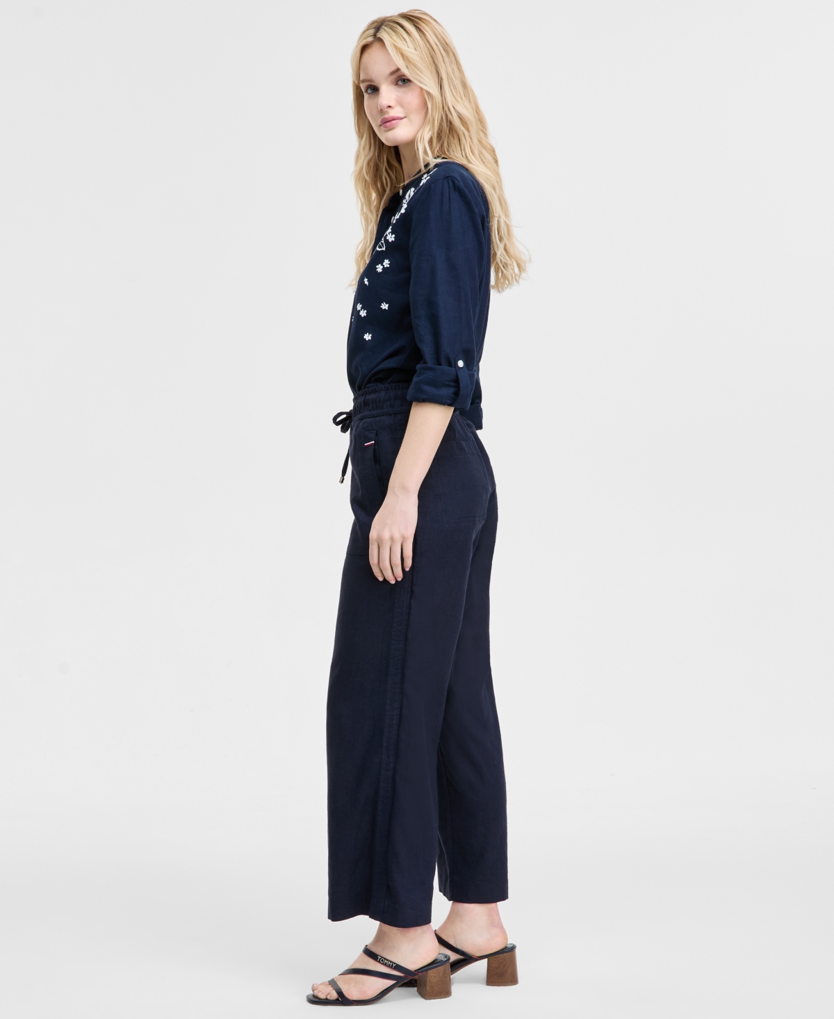 Tommy Hilfiger Womens Floral Puff Print Tunic Wide Leg Pants In Sky Captain