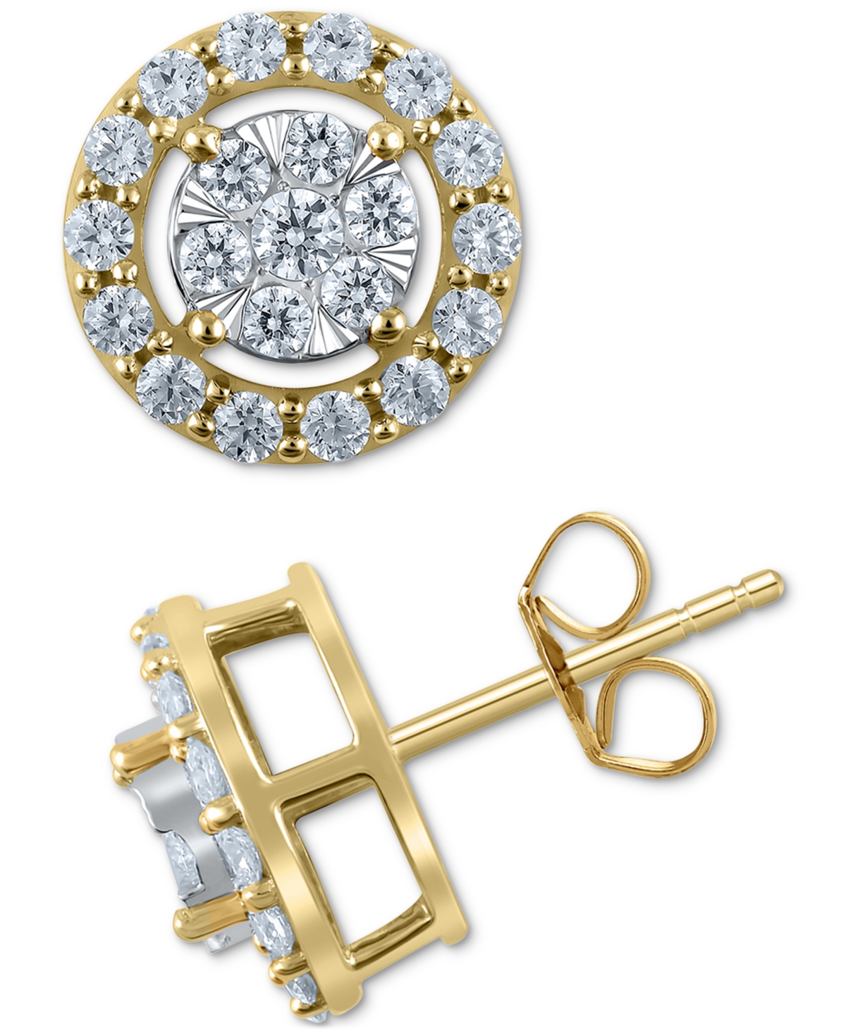 Macy's Diamond Openwork Halo Cluster Stud Earrings (1 Ct. T.w.) In 14k Two Tone Gold In Two Tone Gold