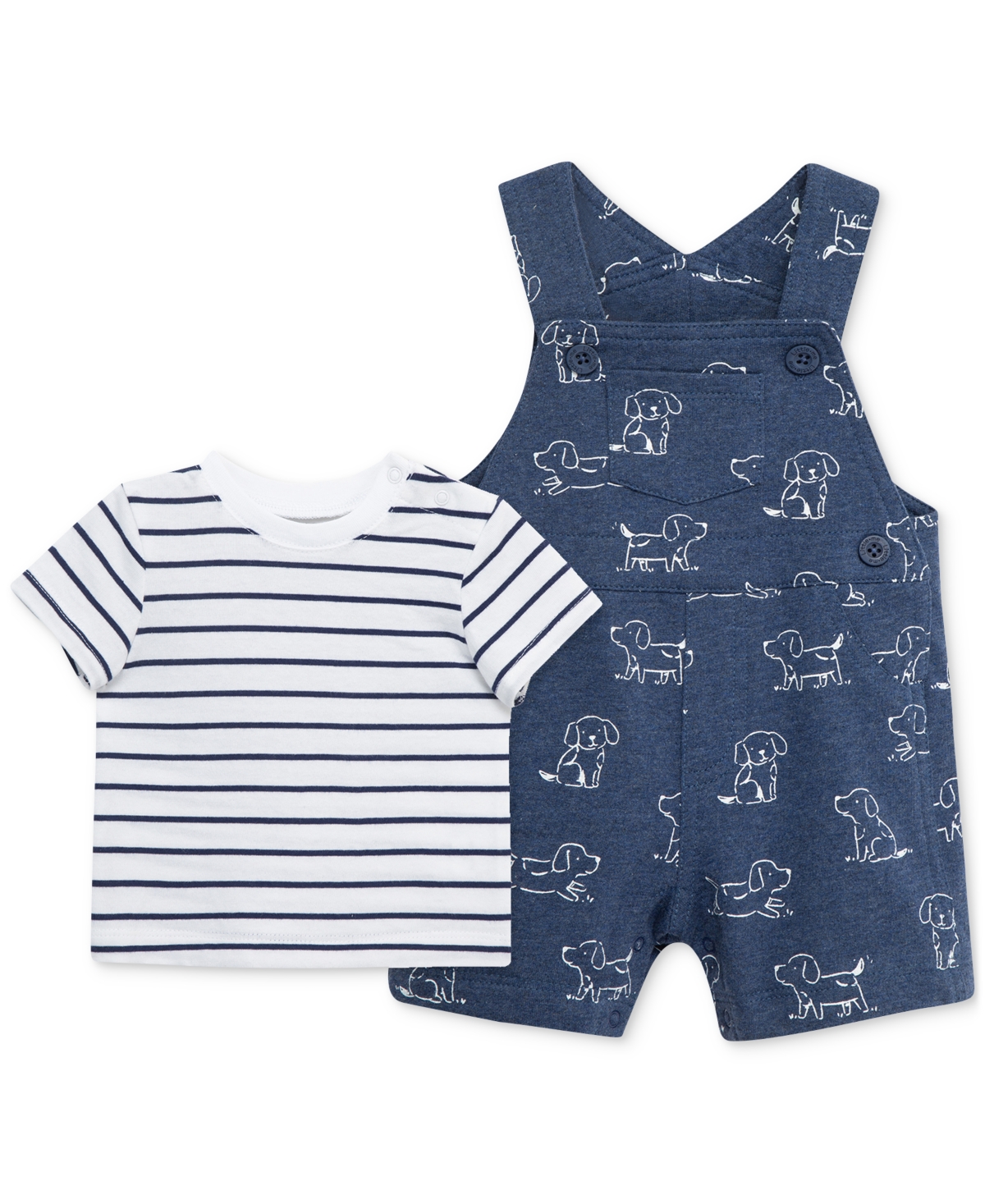Shop Little Me Baby Boys Cotton Striped T-shirt & Puppy Shortall, 2 Piece Set In White,blue