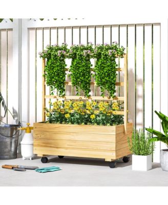 Wood Planter with Trellis and Wheels Raised Planter Box, Natural