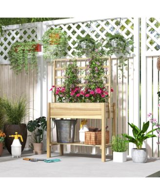 Wooden Raised Planter with Trellis, Garden Box with Storage Shelf
