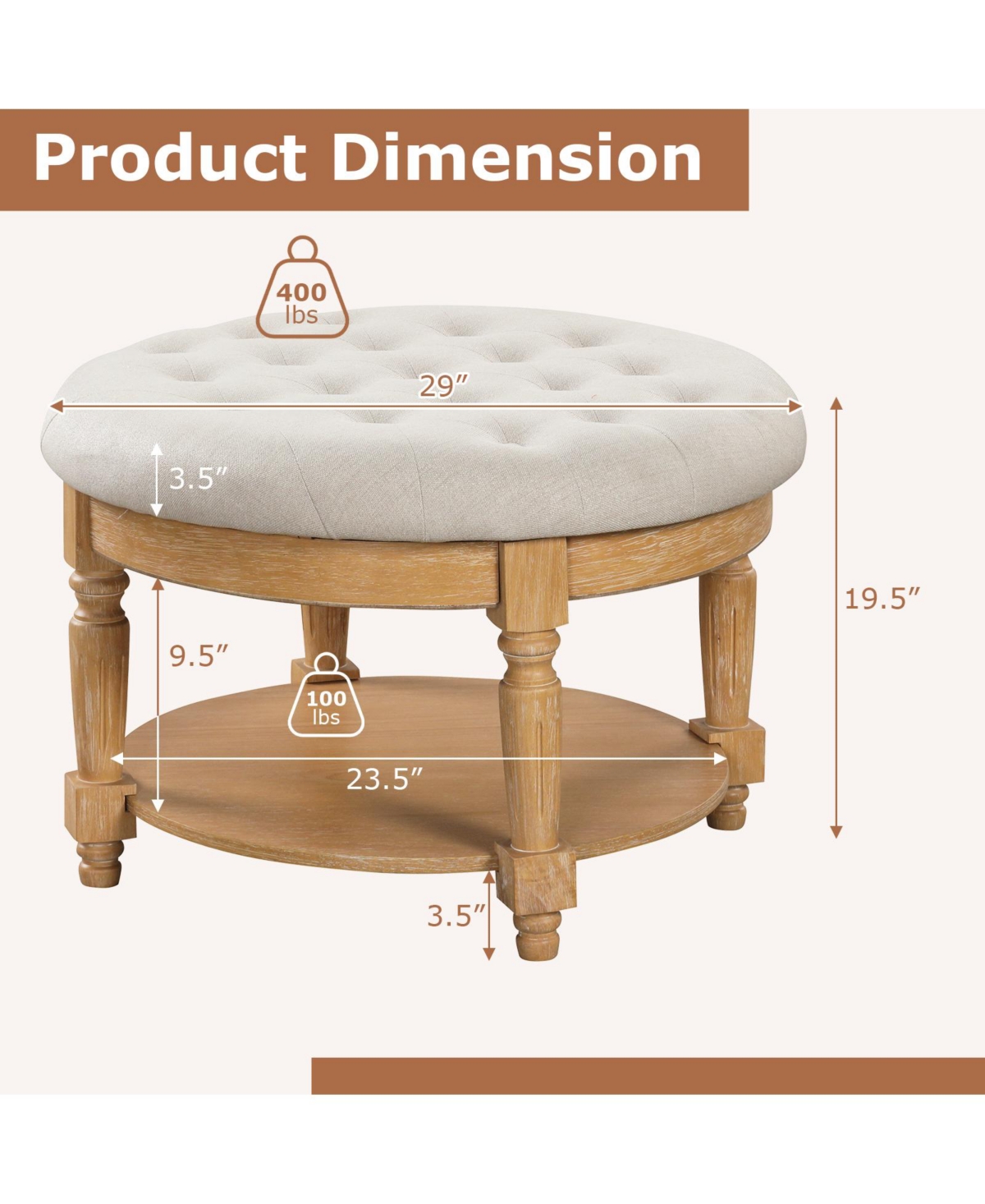 Large Round Ottoman Coffee Table 2-Tier Upholstered Tufted Footrest Ottoman with Flip-up Top