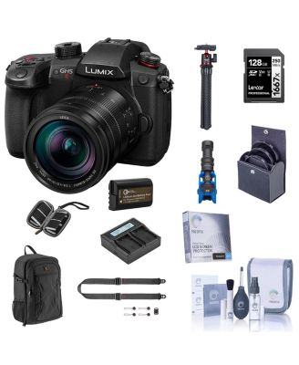 LUMIX GH5II Mirrorless Camera with Leica 12-60mm Lens Bundle with 128GB SD Card, Backpack, 2x Extra Battery, Dual Charger, Shoulder Strap,