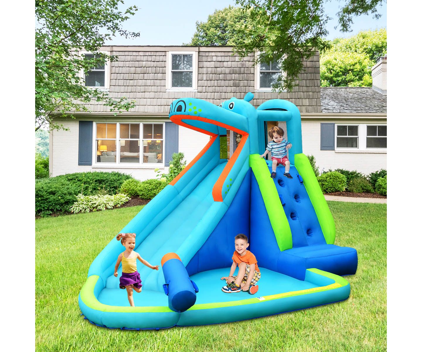Детский игровой набор Slickblue Hippo Inflatable Water Slide Bounce House Playset, 2-3 Users, Ages 3+, цвет: Синий — фото 6