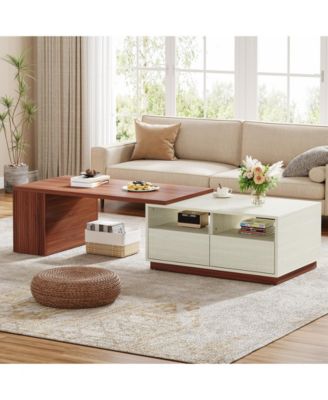 Coffee Table, Extendable Coffee Table with 2 Drawers and Storage Shelves, Rectangular Wooden Center Table with Reversible Tabletop for Living Room (White & Walnut