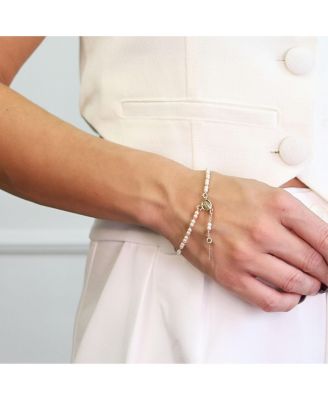 Dainty White Pearl Rosary-Bead Bracelet with Cross Gold Plated 7.5 Inch