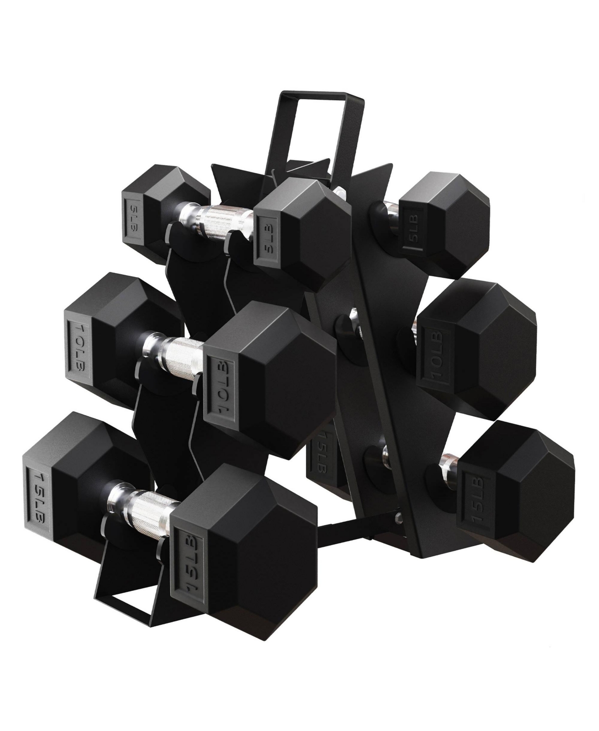 Signature Alloy Steel Rubber Encased Hex Textured Dumbbell Workout Set w/Rack and 3 Pairs of 5, 10, and 15 Pound Weights, Black