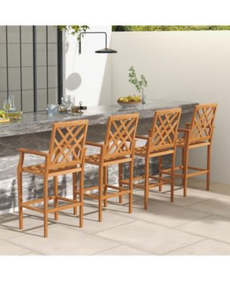 Patio Teak Wood Bar Stool Outdoor Counter Height Chair with Ergonomic Backrest