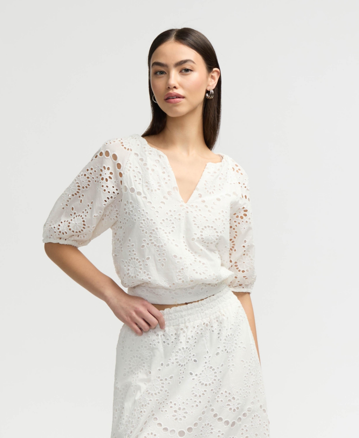 Women s Puff Sleeve Eyelet Top - White
