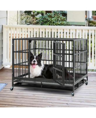 48 Inch Foldable Heavy-Duty Metal Dog Cage with Lockable Rolling Casters and Tray