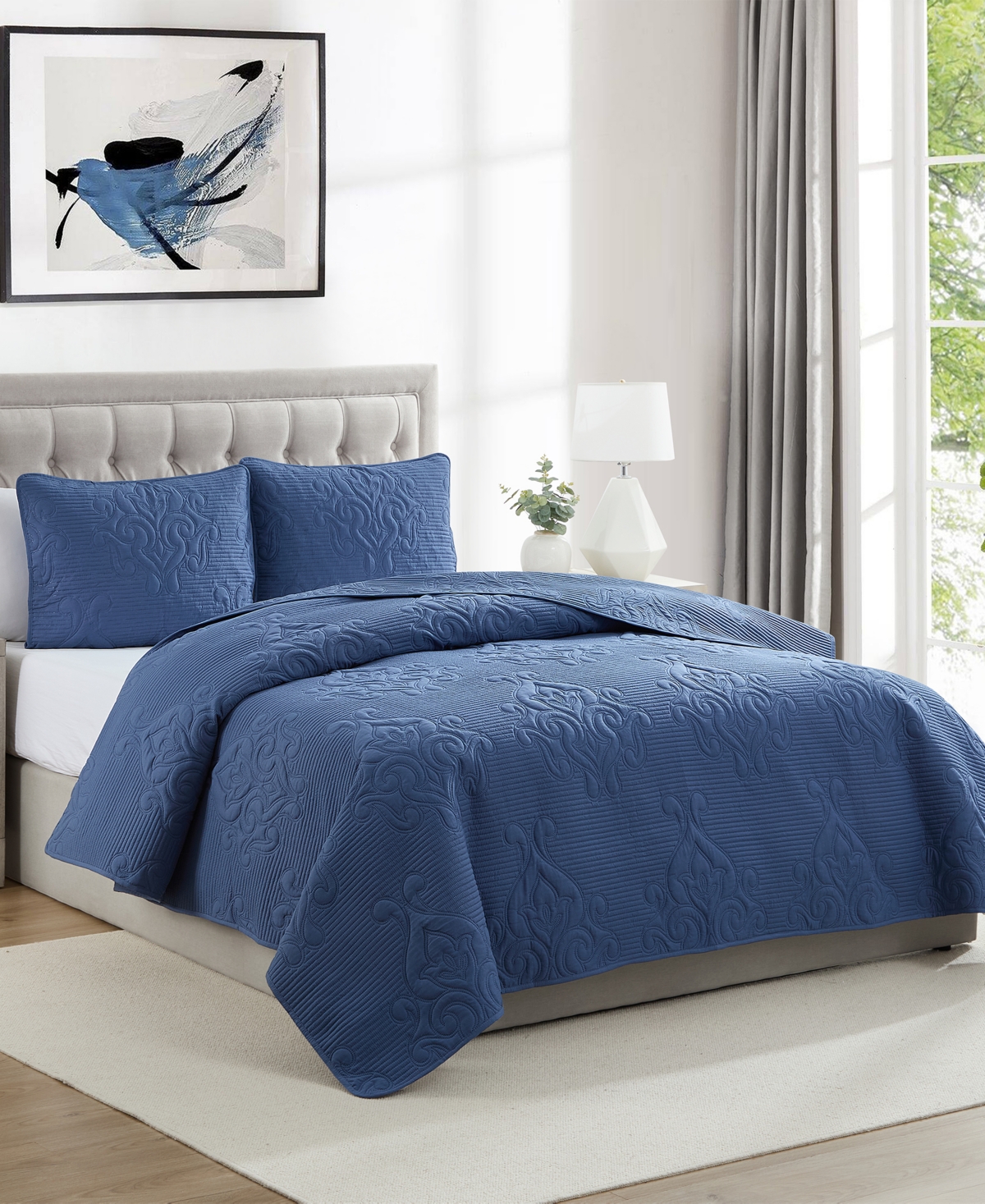 Vcny Home Solomun Pinsonic Damask 3-pc. Quilt Set, Full/queen In Moonlight