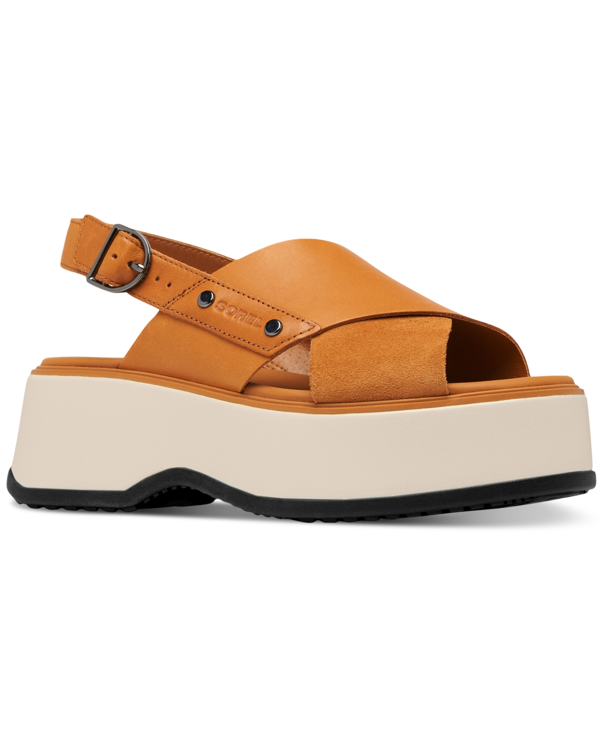 Sorel Dayspring Mixed Leather Crossover Comfort Sandals In Canyon Gold,black