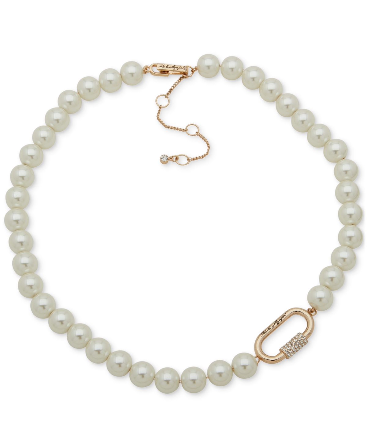 Gold-Tone Pave Carabiner Imitation Pearl Beaded Collar Necklace, 16" + 3" extender - Pearl