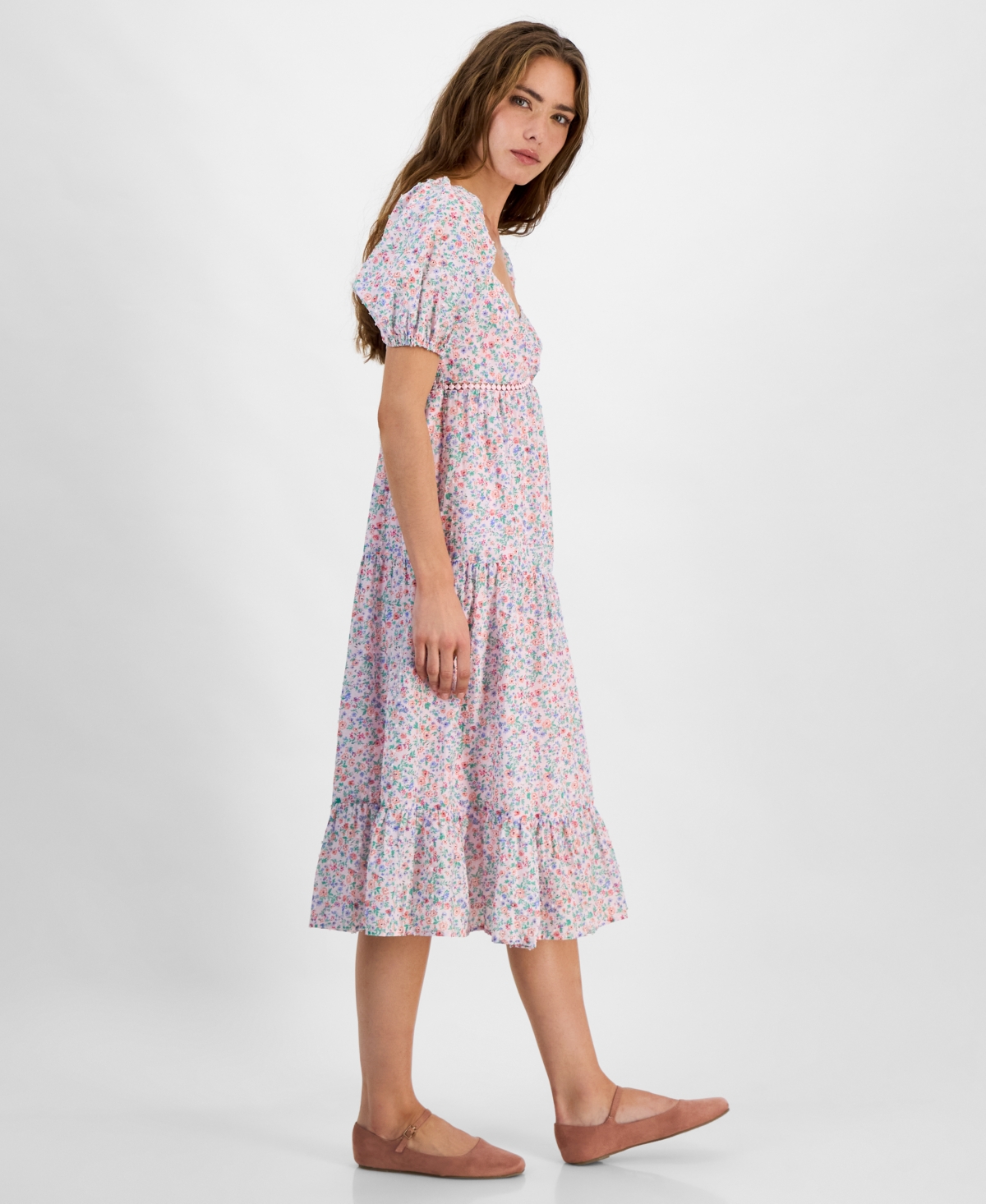 KINGSTON GREY JUNIORS' FLORAL TIERED PUFF-SLEEVE MIDI DRESS 