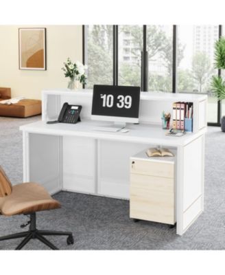 Reception Desk with Counter, 57-Inch Rustic Front Desk Receptionist Table, Boho Welcome Desk Checkout Counter for Office, Retail, Lobby, Beauty Salon