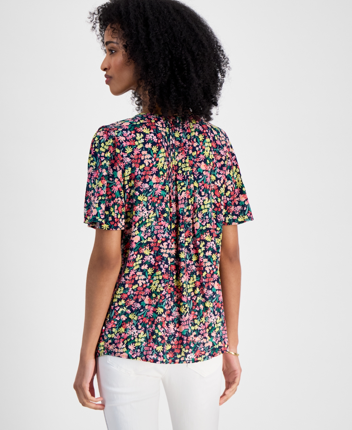 Shop Tommy Hilfiger Women's Pintucked Floral-print Top In Sky Captain Multi