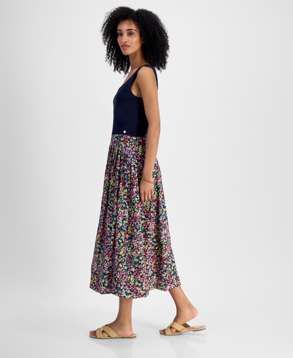 Tommy Hilfiger Plus Size Floral-print-skirt Sleeveless Dress In Sky Captain Multi