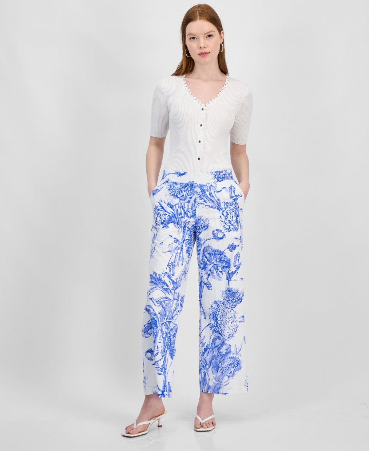 Women's Printed Wide-Leg Pull-On Pants - Ethereal Spring Garden