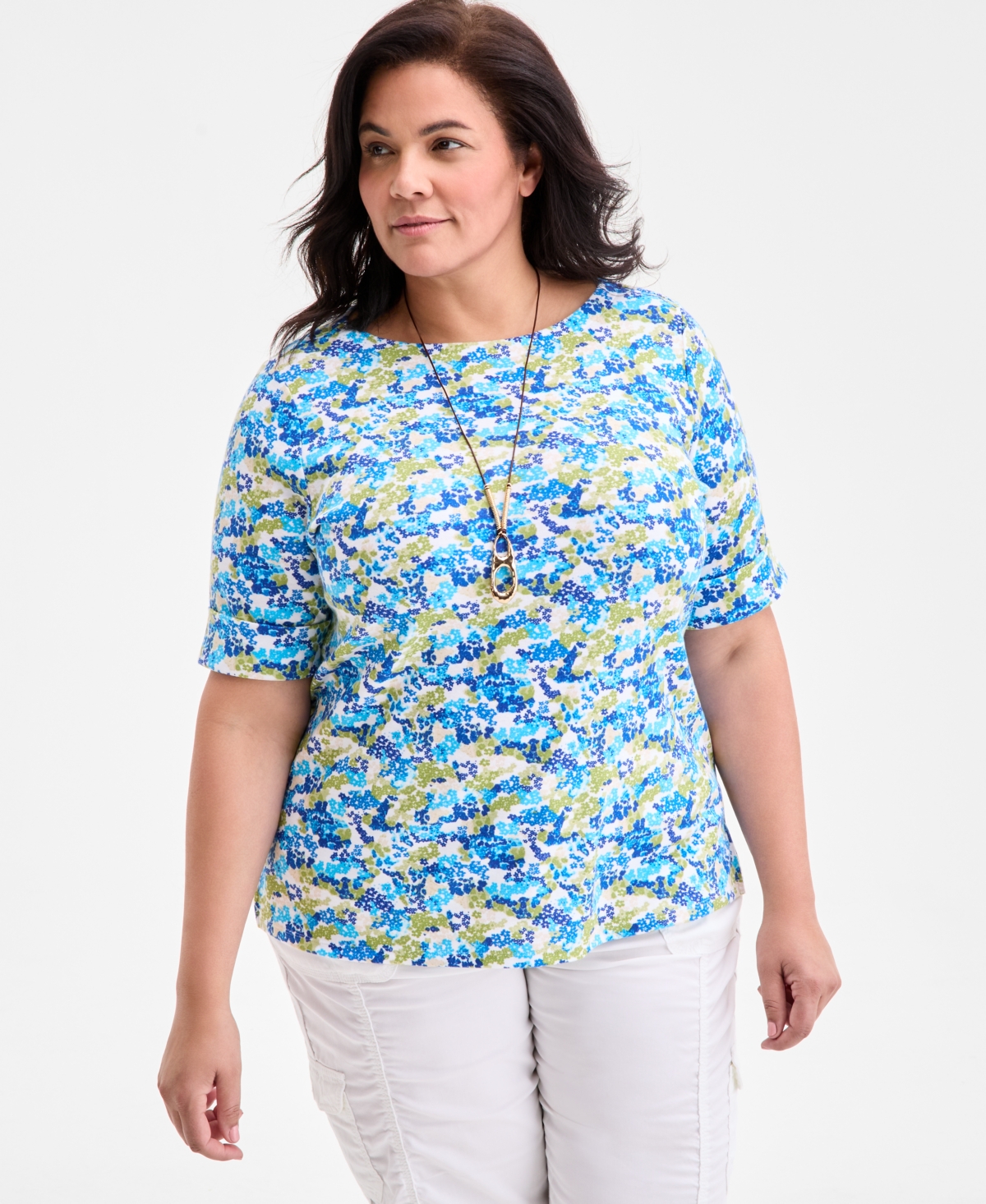 Plus Size Printed Elbow-Sleeve Knit Top, Exclusively at Macy's - Blushing Combo