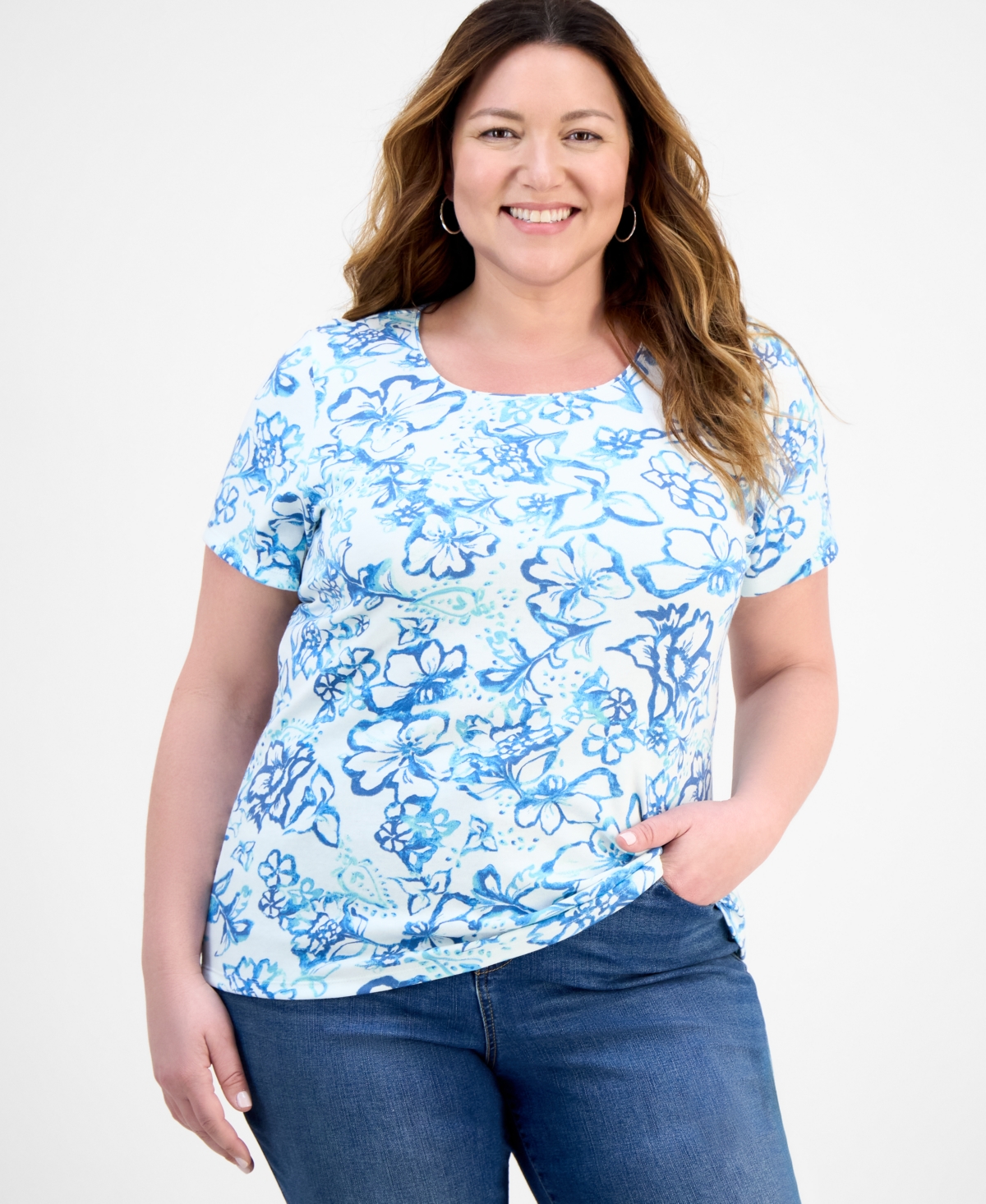 Plus Size Printed Scoop-Neck Top, Exclusively at Macy's - Blushing Combo
