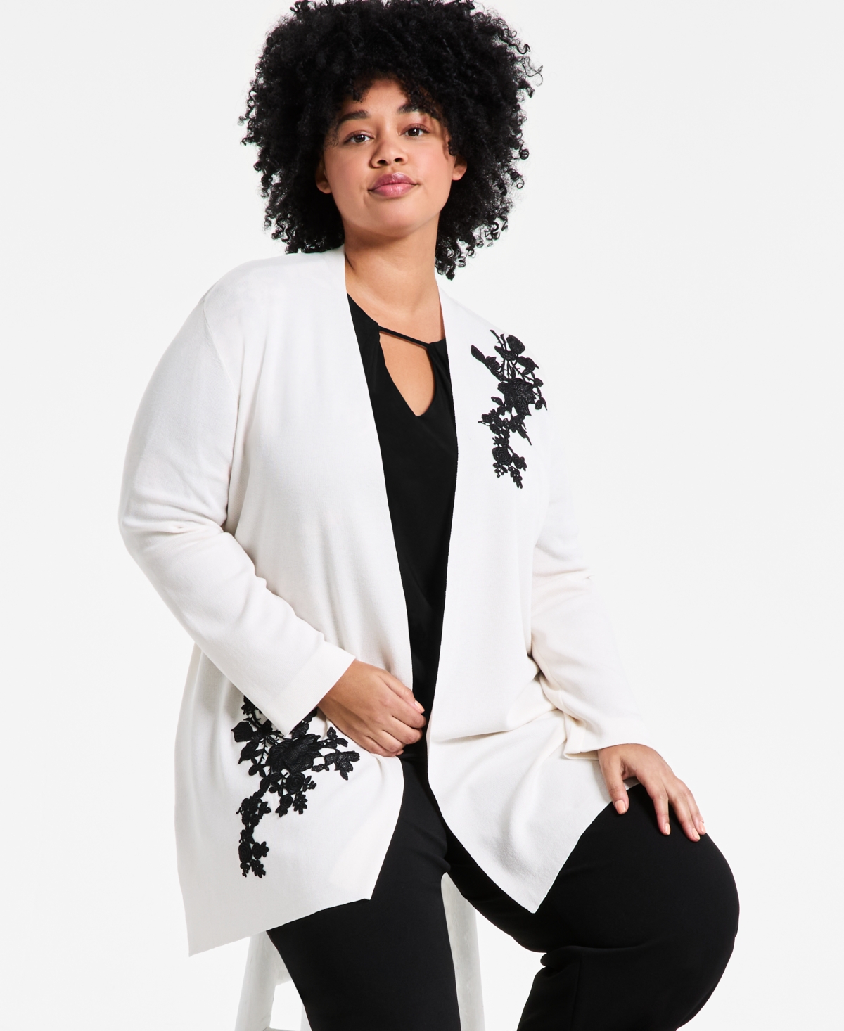 ANNE KLEIN PLUS SIZE LACE-APPLIQUE OPEN-FRONT CARDIGAN 