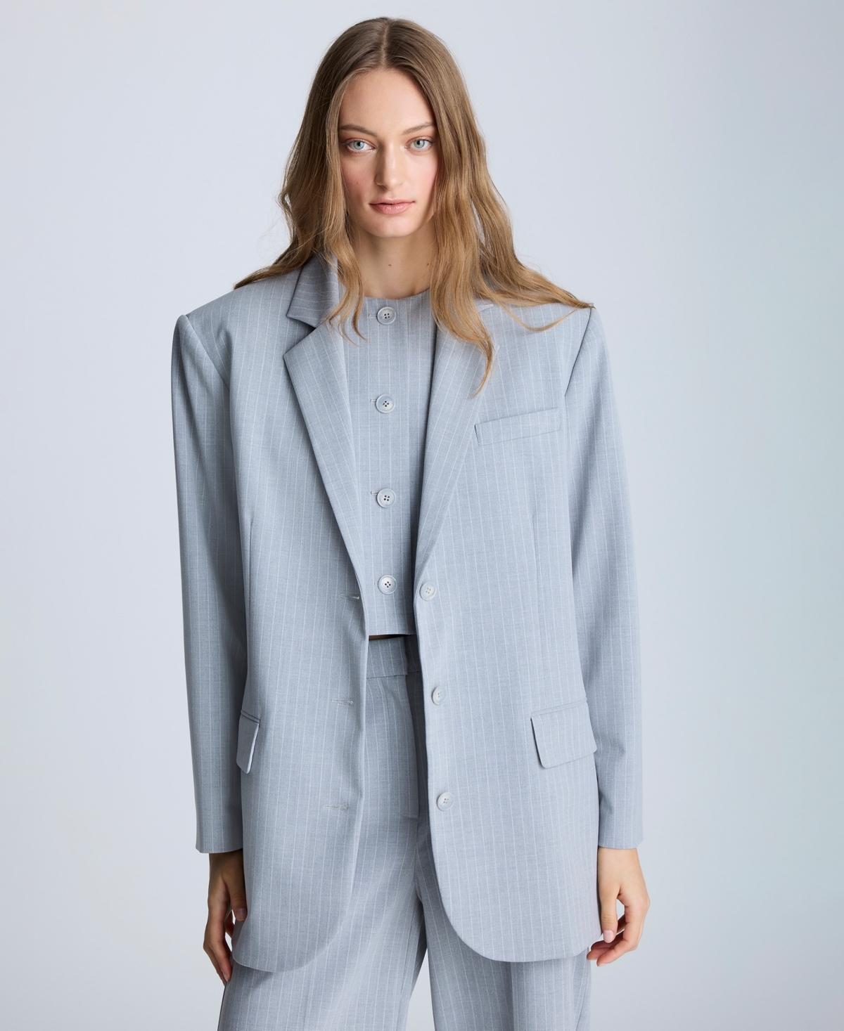Kenneth Cole Pinstripe Button Notch Collar Jacket In Grey Dusk,pure White