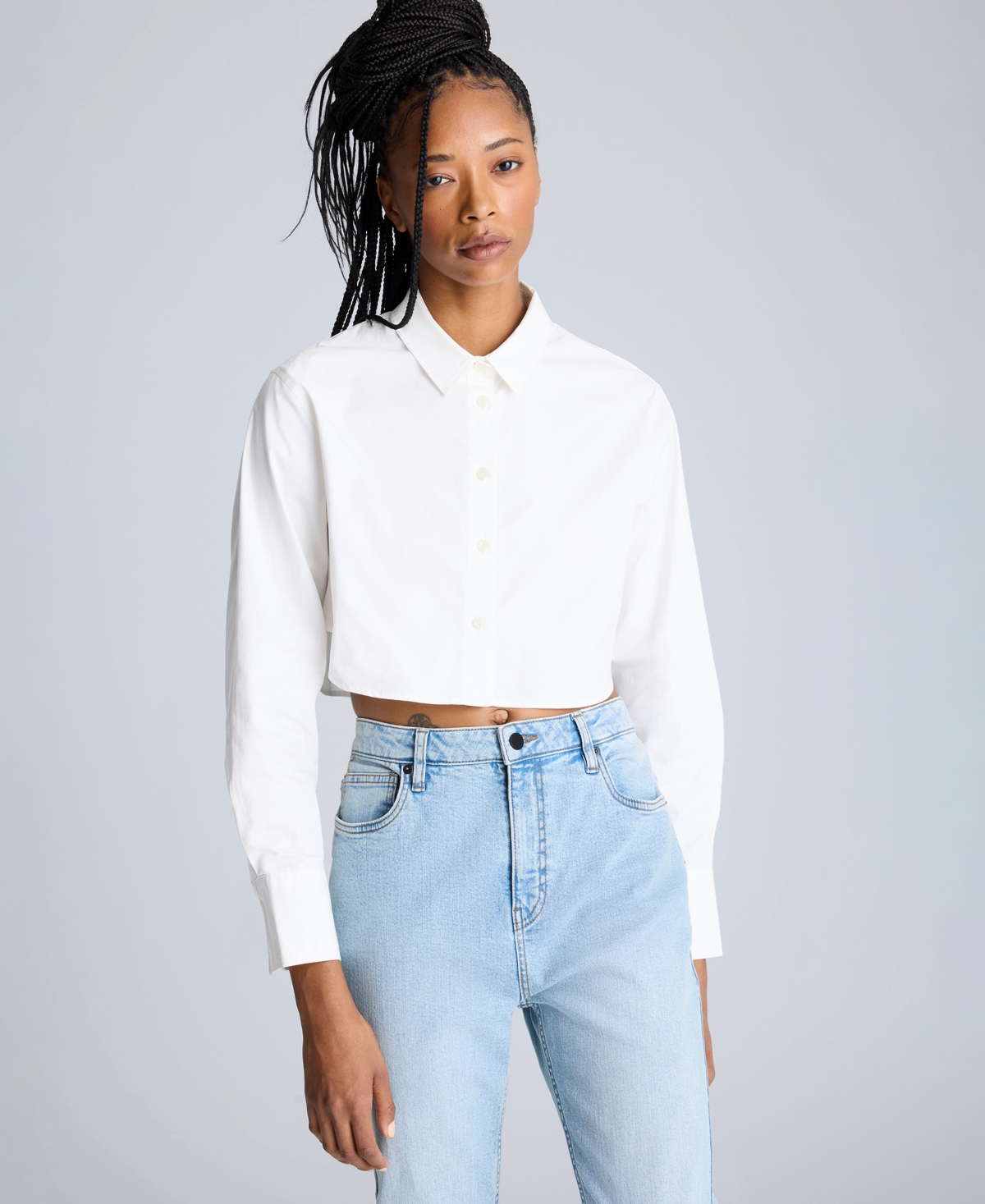 Women's Cropped Button-Front Long-Sleeve Shirt - Pure White