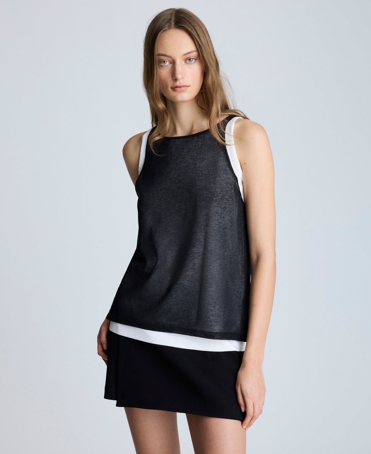 Kenneth Cole Double Layer Mixed Yarn Two-color Sheer Tank In Black,pure White