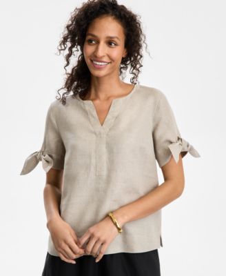 Women's 100% Linen Split-Neck Tie-Cuff Top, Created for Macy's