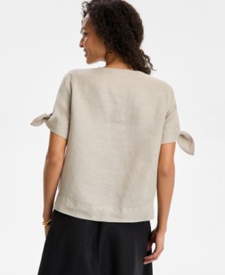 Women's 100% Linen Split-Neck Tie-Cuff Top, Created for Macy's
