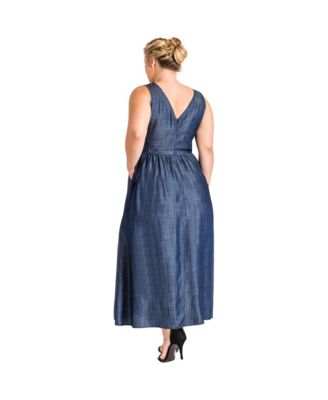 Plus Size V-Neck A-Line Tencel Denim Maxi Dress