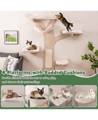 Wall-Mounted Cat Tower with Hammock, Platforms & Scratching Mat Space-Saving Climbing Playset for Cats