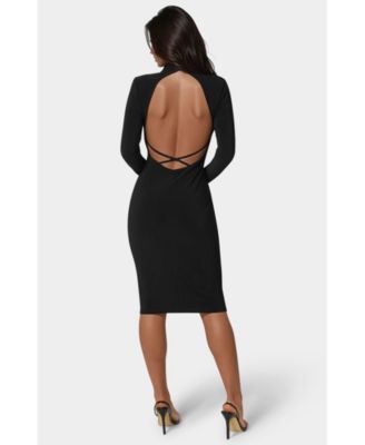 Women's Low Back Mock Neck Long Sleeve Midi Dress