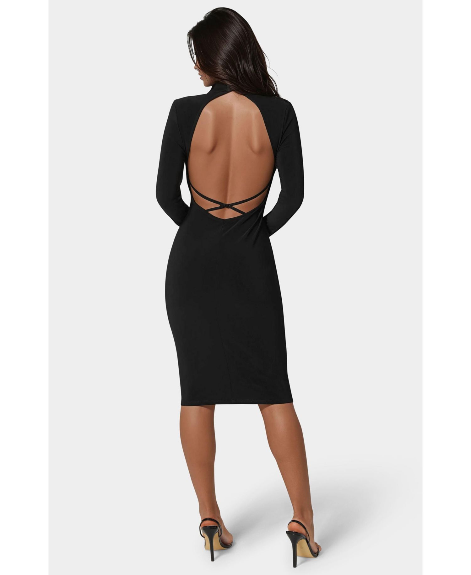 Women's Low Back Mock Neck Long Sleeve Midi Dress