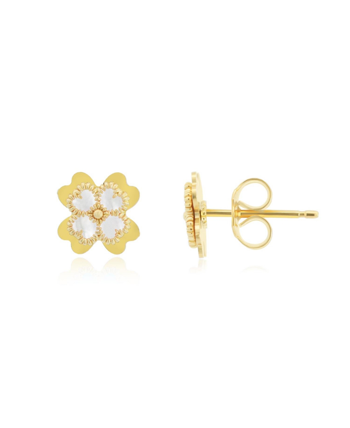 White Enamel Four Leaf Clover Stud Earrings 14K Gold - White enamel