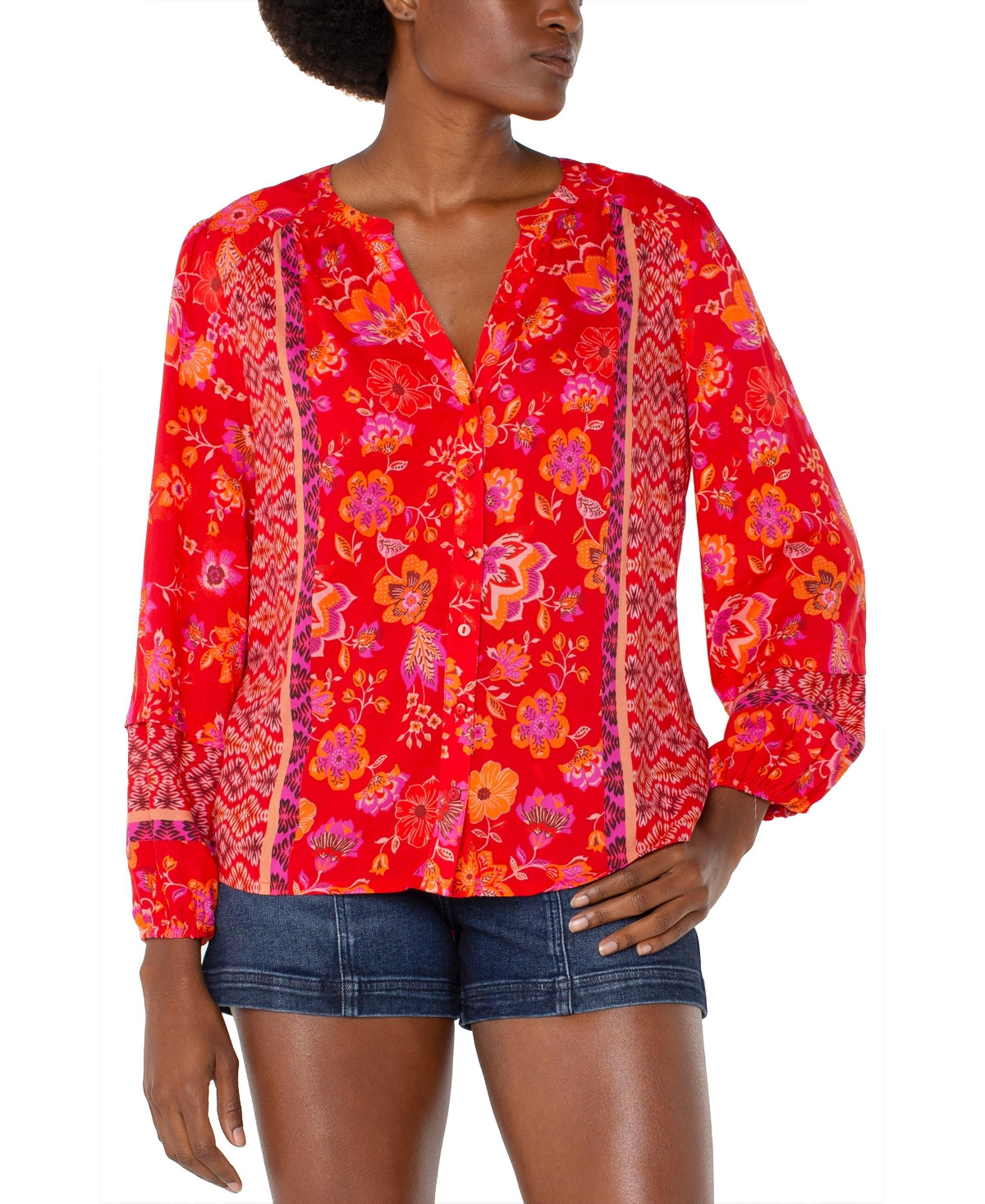 Women's Long Sleeve Button Front Woven Blouse - Red, Orange Floral