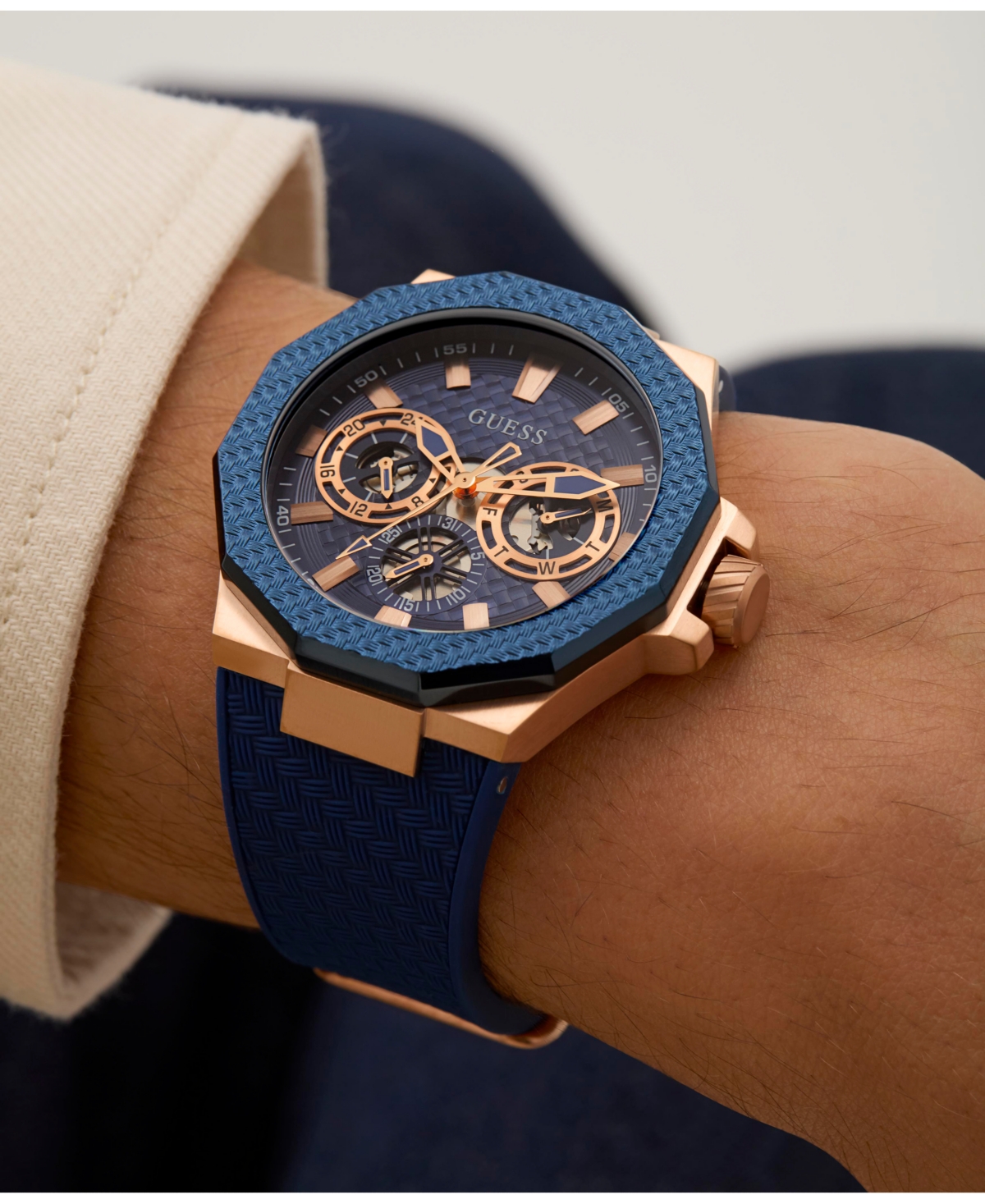 Guess Men's Multifunction Blue Silicone Watch, 45mm In Blue