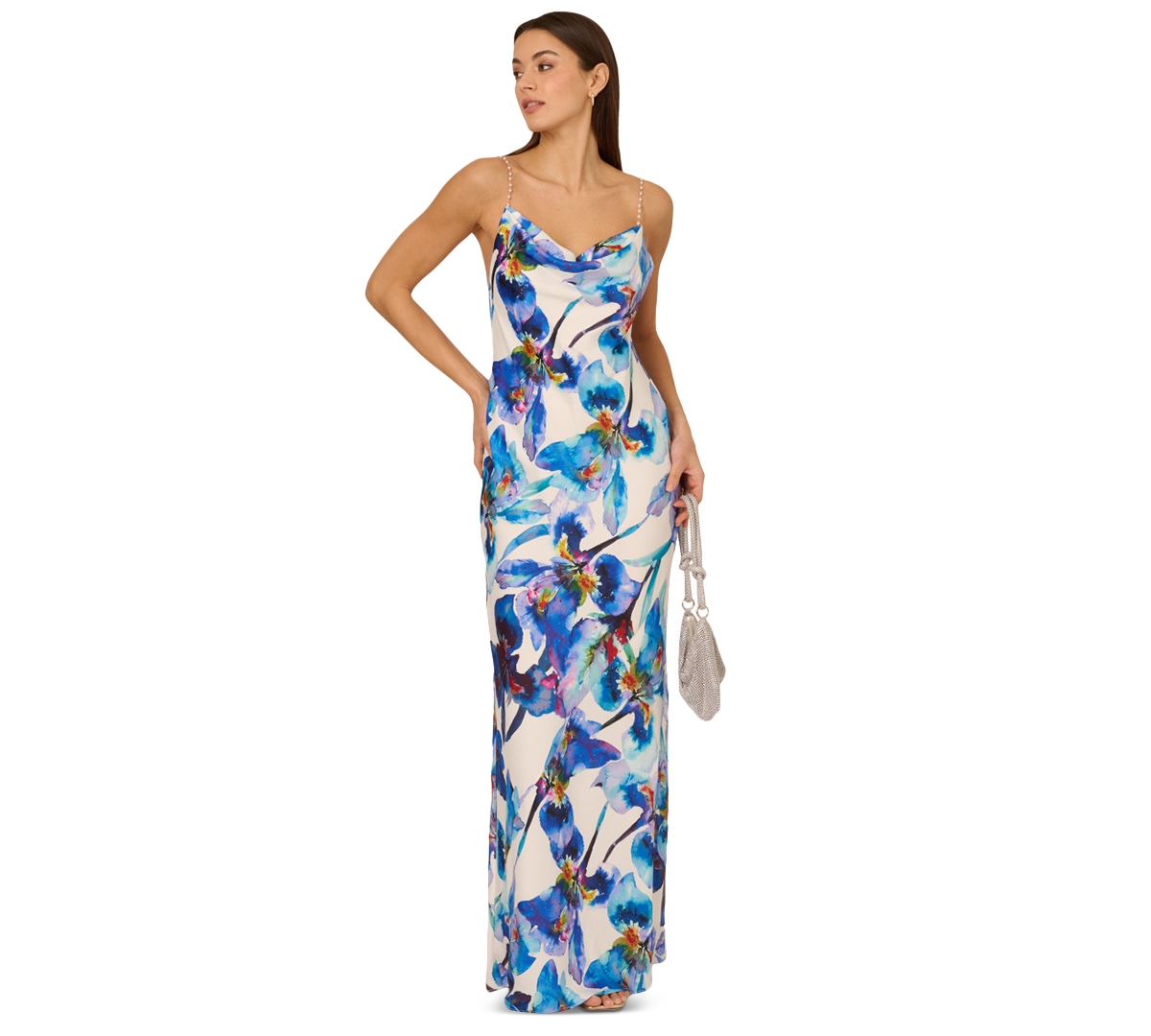 by Adrianna Papell Women's Printed Cowl Neck Sleeveless Gown - Blue/Ivory Multi