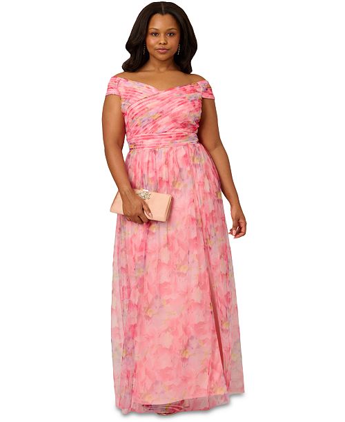 alfani Adrianna Papell Plus Size Printed Tulle Off-the-Shoulder Gown Women's Fashion Shoes & Accessories
