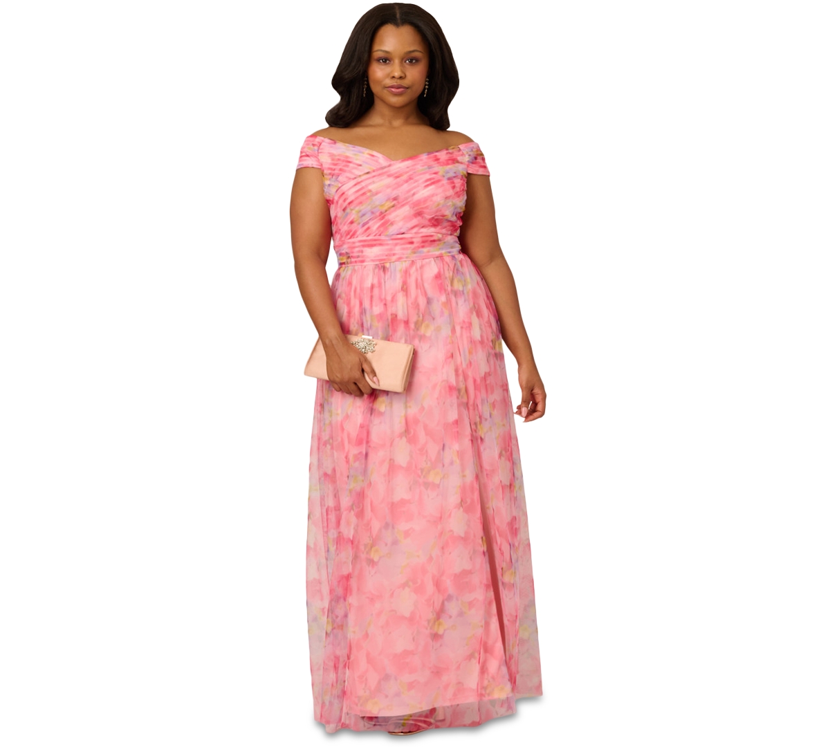 ADRIANNA PAPELL PLUS SIZE PRINTED TULLE OFF-THE-SHOULDER GOWN 