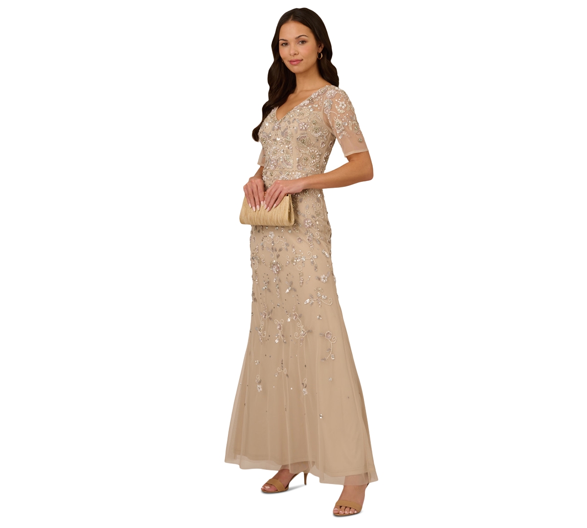 Adrianna Papell Beaded Mesh Gown In Biscotti