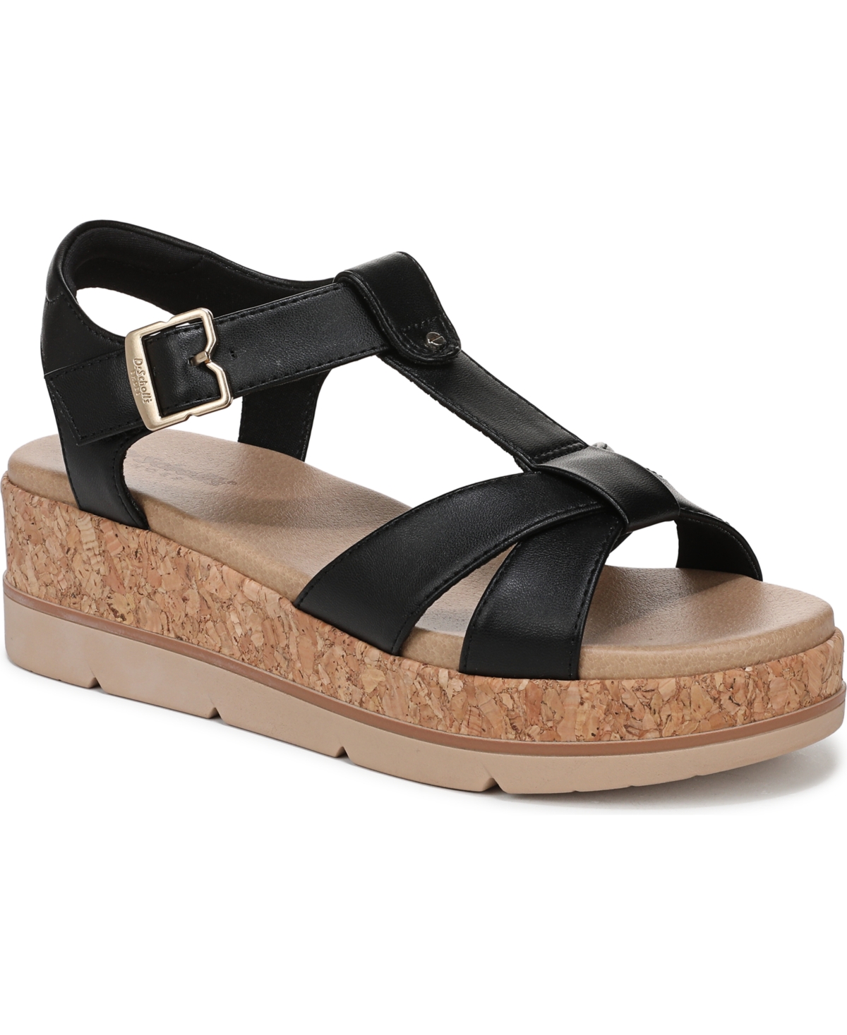 Shop Dr. Scholl's Women's Once Again T-strap Wedge Sandals In Black Faux Leather