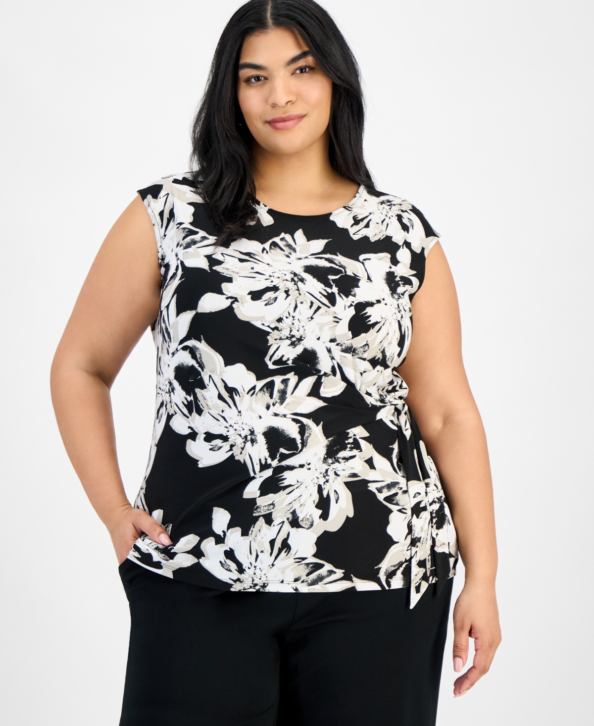 Plus Size Printed Cap-Sleeve Blouse - Black Multi