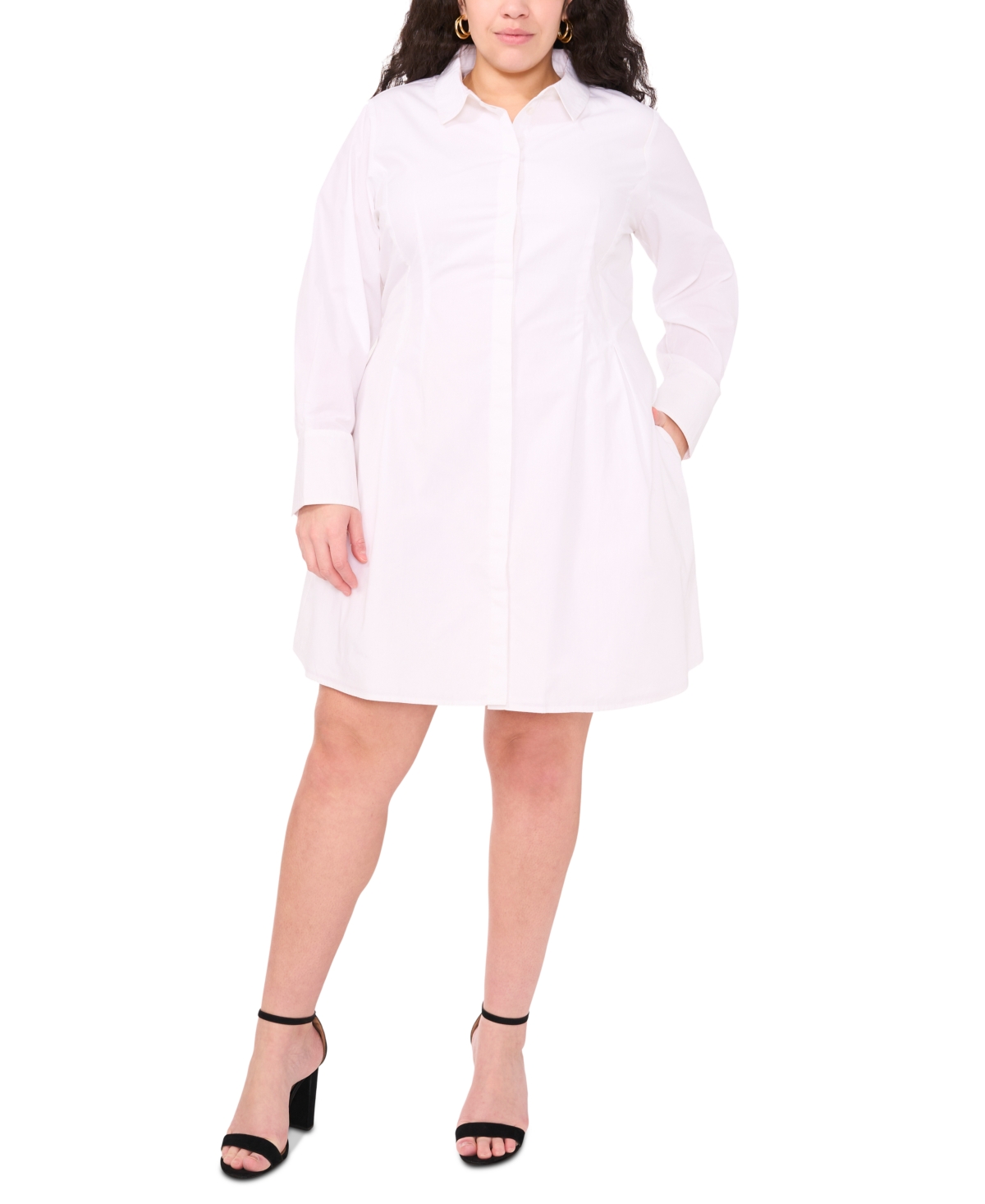 Plus Size Cotton Collared Long-Sleeve Shirtdress - Bright White