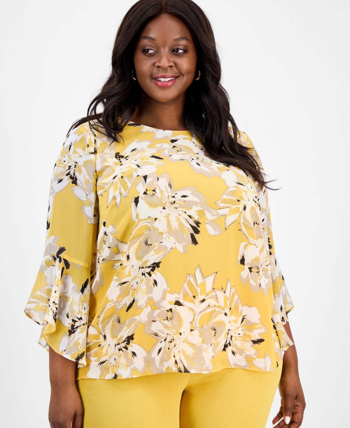 Plus Size Printed Ruffle-Sleeve Blouse - Butterscotch Multi