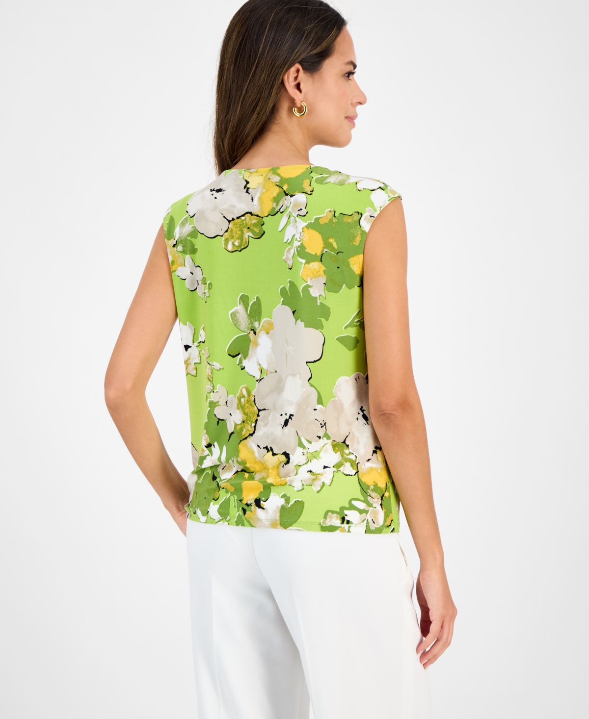 Kasper Plus Size Sleeveless Printed Keyhole Blouse In Kiwi Multi