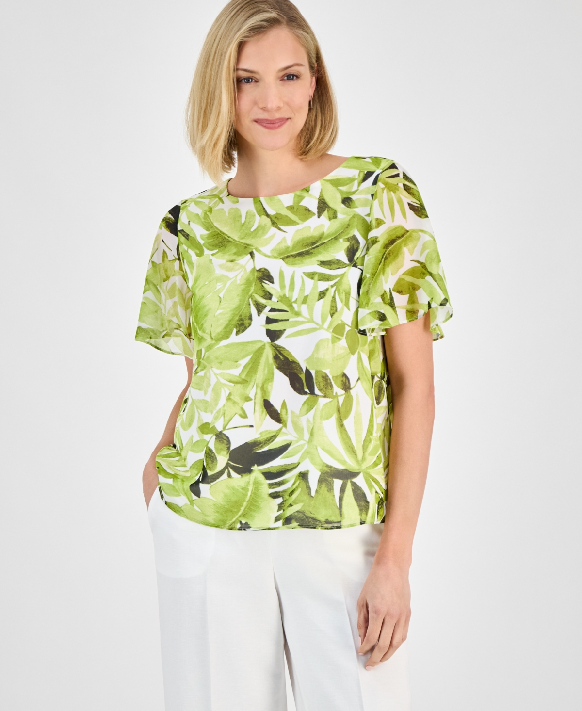 Women's Printed Flutter-Sleeve Top, Regular & Petite - Kiwi Multi