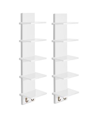 2 Pack 5 Tier Wall Mounted Floating Shelf Unit with Hooks - Home Decor and Storage Organizer