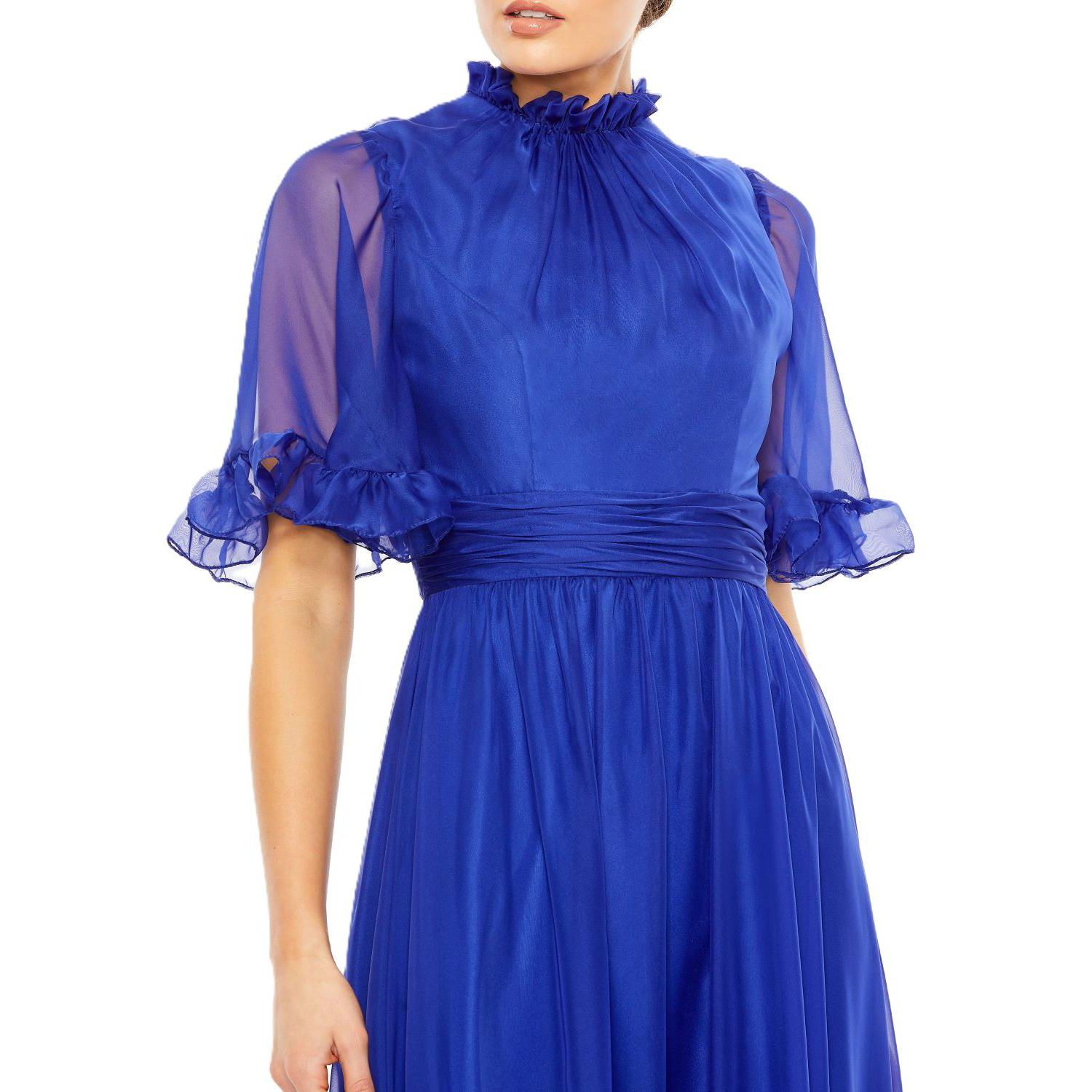Women's Ruffled High Neck Flutter Sleeve High Low Hem Gown